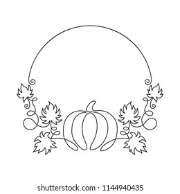 One line harvest. Autumn nature vector sketch. Hand drawn pumpkin with leaves isolated on white background. Line art vintage round frame. 