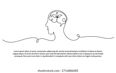 Uma linha de cabeça com cérebro e folhas. Linha contínua mínima abstrata isolada sobre fundo branco.