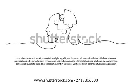 One line of head with puzzle mental health. Abstract minimal continuous line isolated on white background.