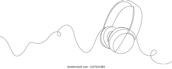 One Line Headphones. Continuous Line Drawing Of Headphones Music Musical Sound Wave. Hand Drawn Vector Illustration