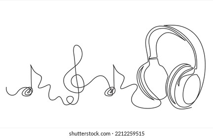 One line headphones. Continuous drawing of music gadget and note. Audio headphone outline sketch. Lineart vector concept of musical symbol. Illustration headphone drawing contour 
