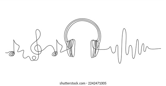 Auriculares de una línea. Dibujo continuo del gadget y nota musical. Esbozo de contorno de audífono de audio. Concepto de vector lineal de símbolo musical. contorno de dibujo de auriculares de ilustración 