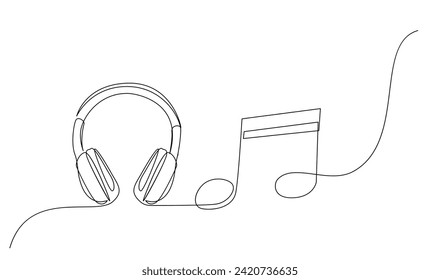 One line headphones. Continuous drawing of music gadget and note template
