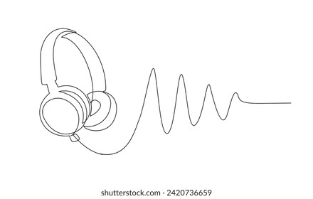 One line headphones. Continuous drawing of music gadget and note template