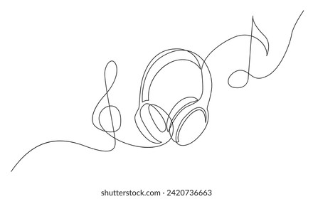 One line headphones. Continuous drawing of music gadget and note template