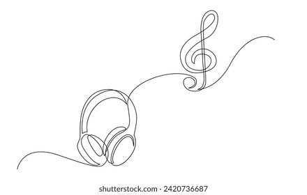 One line headphones. Continuous drawing of music gadget and note template