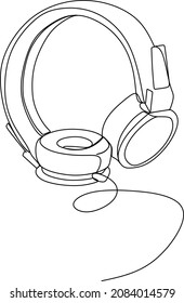 One line headphones. Hand drawn vector illustration. Continuous line drawing of headphones music musical sound wave. Wireless headphones with music and technology symbols