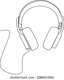 One line headphones. Hand drawn vector illustration. Continuous line drawing of headphones music musical sound wave. Wireless headphones with music and technology symbols