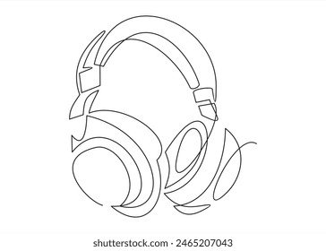 One line headphones. Hand drawn vector illustration. Continuous line drawing of headphones music musical sound wave. Wireless headphones with music and technology symbols