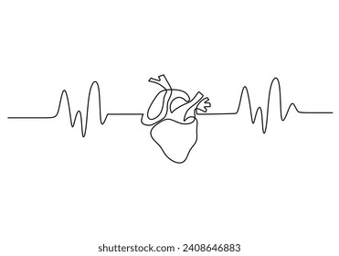 One line heart beat with wave. Anatomy symbol of cardiogram healthcare.