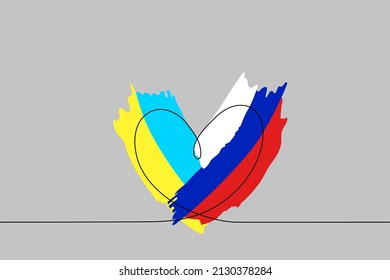 one line Heart with brush strokes - the color of the flag of Ukraine and Russia. The concept of Support and love between Ukraine and Russia, fraternal ties between the Slavic peoples 