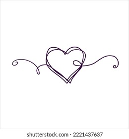 One line heart drawing. Romantic symbol of Valentine Day. Linear decoration isolated on white.