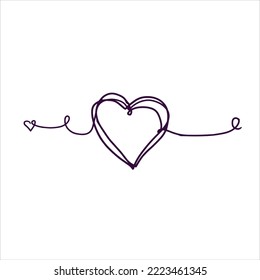 One line heart drawing. Romantic symbol of Valentine Day. Linear decoration isolated on white.