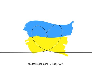 one line Heart with strokes of yellow and blue brush strokes - the color of the flag of Ukraine. The concept of Support and love for Ukraine and the Ukrainian people 