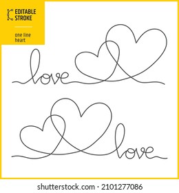 One line hearts drawing. Editable stroke two hearts and love text. Vector illustration of love concept.