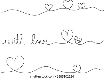 One line hearts and lettering text, love poster. Single line drawing. Minimalism design. Vector illustration.