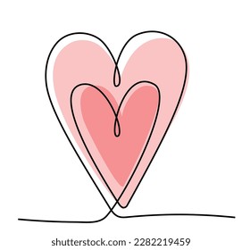 One line hearts with pink shapes. Continuous line Heart logo. Single line object for Valentines background. Line art drawing of love symbol. Handdrawn doodle illustration. Love minimalist vector sign