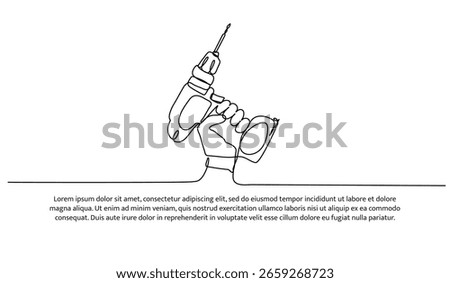 One line of holding drill with spiral bit. Abstract minimal continuous line.