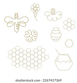 Un juego de logotipo de abeja miel de una línea. Iconos de dibujo de línea continua, flores, abeja de miel, tarro de abejas, panal de abejas en una línea continua. Esbozo lineal minimalista elemento aislado. Ilustración vectorial.