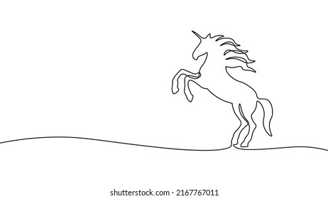 Montar en una línea de caballo con unicornio. Decoración de línea continua arte magia dibujo de cuerno de hadas mito fantasía fondo ilustración vectorial