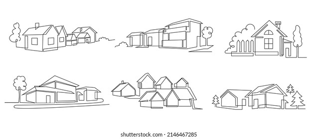 One line houses  Vacation home  suburban area   hand dwawn housing market branding vector illustration set building estate line  house outline graphic