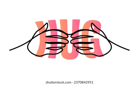 One line hugging hands symbol with hug text inside. Love, Care or Charity sign. 