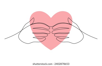 One line hugging hands symbol with red heart inside. Love, Care or Charity sign. Valentine's Day minimal greeting card.