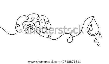One line human brain connected to teardrop symbolizing emotional pain, stress and burnout. Minimalist continuous line art concept for psychology, mental health, therapy and emotional exhaustion