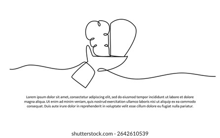 One line human brain,love heart and hand. Abstract minimal continuous line.