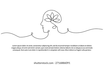Una línea de cabeza humana con hojas adentro. Línea Abstractas mínima aislada sobre fondo blanco.