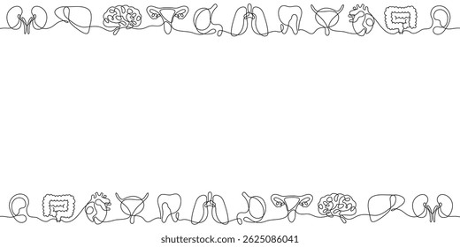 Uma linha de órgãos humanos padrão sem costura. Anatomia minimalista com linha contínua de fígado, coração, pulmões, rins, estômago. Ilustração de vetor transparente para design e embalagem médica.