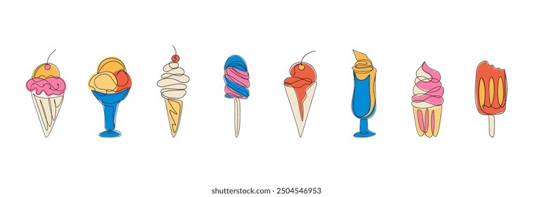 Una línea de helado. Postre frío de verano con conos de helado y paletas. Croquis de helado dibujado a mano. Esquema del concepto de Vector de helado