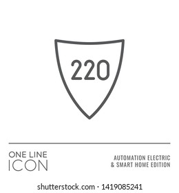 One Line Icon Series - 220 Voltage and Shield Sign as Electrical Transformer or Uninterruptible Power Source Outline Symbol in House Automation Electric and Smart Home Edition - Vector Graphic Design