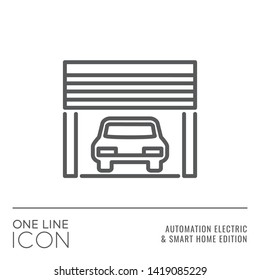 One Line Icon Series - Automobile in Garage Sign as Electric Garage Gate Control Flat Outline Stroke Style Symbol in House Automation Electric and Smart Home Edition - Vector Pictogram Graphic Design