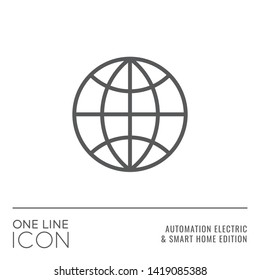 One Line Icon Series - Globe or Earth Sign as Remote Access Flat Outline Stroke Style Symbol in House Automation Electric and Smart Home Edition - Vector Pictogram Graphic Design
