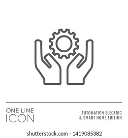 One Line Icon Series - Hands Holding Gear Sign as Own Production Flat Outline Stroke Style Symbol in House Automation Electric and Smart Home Edition - Vector Pictogram Graphic Design