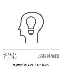 One Line Icon Series - Human Head Profile with Bulb Sign as Innovations and Creativity Flat Outline Stroke Style Symbol in House Automation Electric and Smart Home Edition - Vector Graphic Design