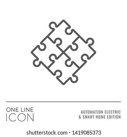 One Line Icon Series - Jigsaw Puzzle Pieces Together Sign as Modules Based System Flat Outline Stroke Style Symbol in House Automation Electric and Smart Home Edition - Vector Pictogram Graphic Design
