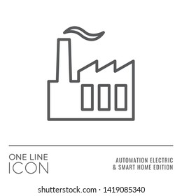 One Line Icon Series - Plant or Factory Silhouette Sign as Machine Tool Industries Flat Outline Stroke Style Symbol in House Automation Electric and Smart Home Edition - Vector Graphic Design