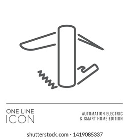 One Line Icon Series - Pocket Knife Sign as High Capability or Functionality Flat Outline Stroke Style Symbol in House Automation Electric and Smart Home Edition - Vector Pictogram Graphic Design