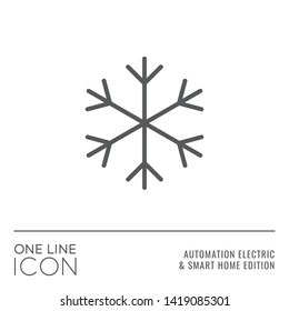 One Line Icon Series - Snowflake Sign as Refrigerator or Cooling and Freezing Equipment Flat Outline Stroke Style Symbol in House Automation Electric and Smart Home Edition - Vector Graphic Design