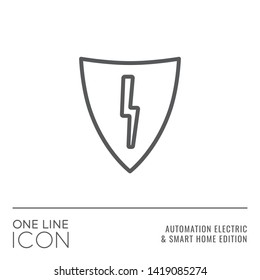 One Line Icon Series - Voltage Lightning Bolt and Shield Sign as Electric Current and Power Protection Outline Style Symbol in House Automation Electric and Smart Home Edition - Vector Graphic Design