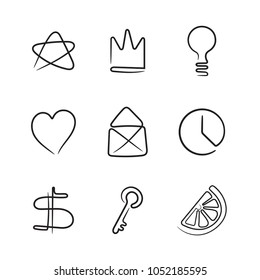One line icon set doodle style. Star, crown, lamp, heart, letter, envelope, clock, dollar, key, lemon, lime, orange,  slice. Sketch