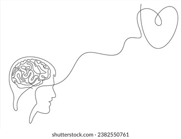One line icon thinking with heart concept.Vector minimal continuous line logo design. Human head, face profile illustration.