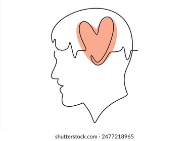 One line icon thinking with heart concept.Vector minimal continuous line logo design. Human head, face profile illustration.