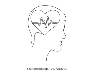 Un pensamiento de la línea del ícono con el concepto del corazón. Diseño mínimo del logotipo de la línea continua del Vector. Cabeza humana, ilustración del perfil de la cara.