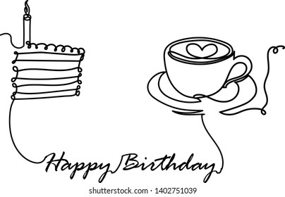 One line illustration for B-day. Cake and coffee. Vector.