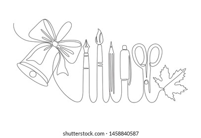 one line illustration of a bell, a globe, a book, a glass with writing tools, augmented with autumn leaves.
