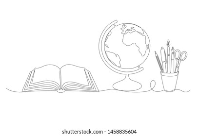 one line illustration of a book, a globe and a glass with writing tools.