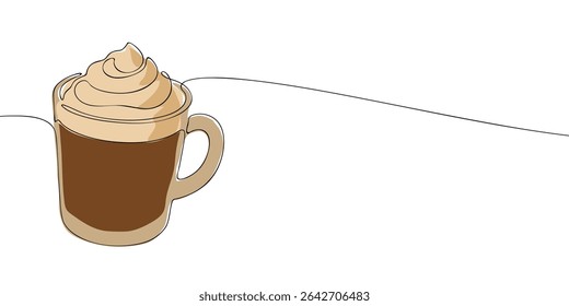 One line illustration of a coffee mug topped with whipped cream, ideal for café, breakfast, or beverage-themed content.
